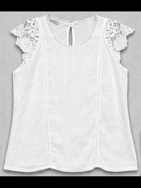Elena Baldi White Linen Lace Cap Sleeve Top Size S Made in Italy Boho Casual